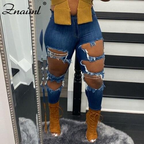 Znaiml High Waist Skinny Jeans Clothes Women Casual Blue Denim Streetwear Ripped Big Hole Trousers Lady Fashion Pencil Pants