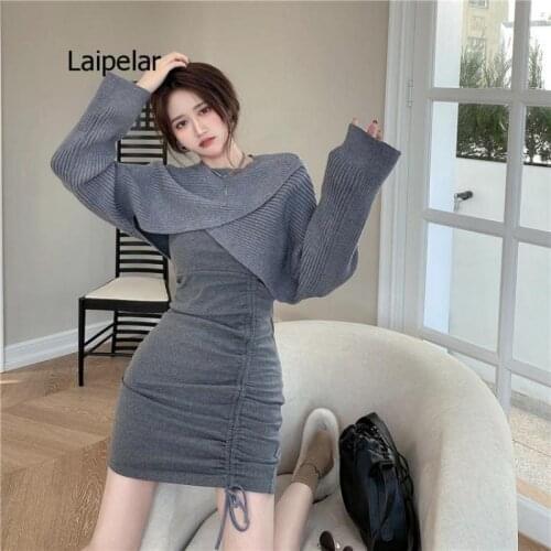 Long Sleeve Knitted Sweater Shawl Blouse Womens Autumn and Winter 2 Pes Set Suit New Tight Bottomed Buttock Dress