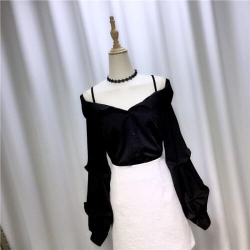 Slash Neck Off Shoulder Women Blouse Autumn New Long-Sleeved Slim Black Lady Elegant Pulls Tops