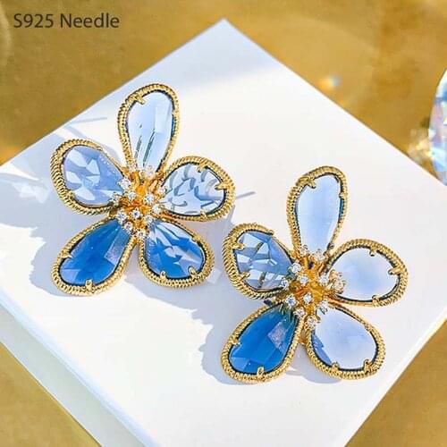 925 Sterling Silver Needle Stud Earrings for Women Jewelry Gorgeous Statement Blue Crystal Flower Female Earrings