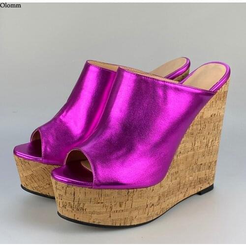 Olomm 2021 Women Platform Shiny Mules Sandals Wedges High Heels Open Toe Blue Silver Fuchsia Club Shoes Women US Plus Size 5-20