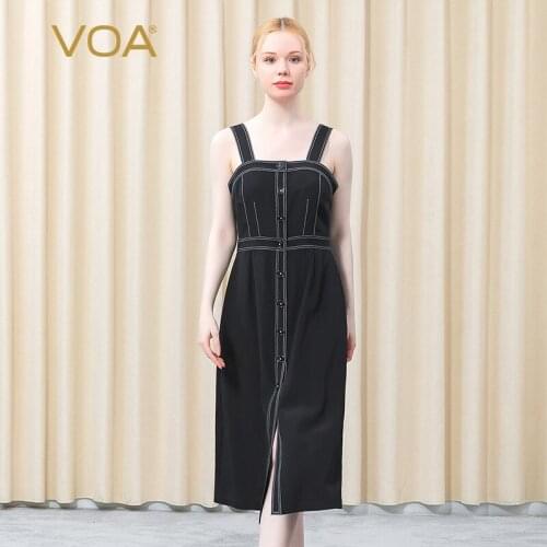 VOA 36m/m Mulberry Silk Elastic Heavy Crepe Black Backless Single-breasted White Open Thread Decorative Suspender Dress AE801