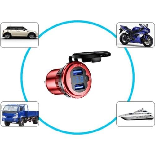 12V 24V 18W Aluminum Waterproof Dual QC3.0 USB Fast Charger Power Outlet with LED Voltmeter ON OFF Switch for Car Marine Truck