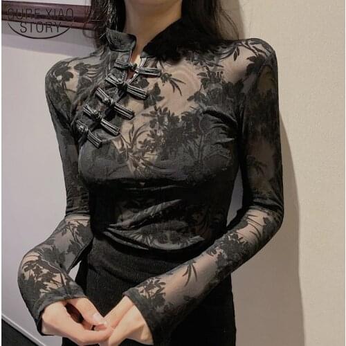 2021 Girls Transparent Lace Blouses Shirts Tees Female Sexy Tops Turtleneck Vintage Full Sleeve Black Blouses For Women 11350