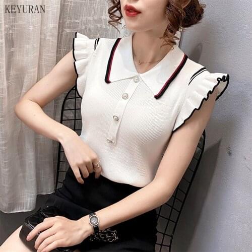 3XL Plus Size Summer Korean Crop Tops Women Turn-down Collar Knitted T-shirts Sleeveless Ruffles T Shirt Female Tee Shirt Femme