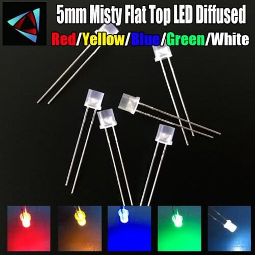 10Pcs x 5 Colors = 50Pcs 5MM 2Pins Misty Flat Top LED Diffused White Red Yellow Blue Green Wide Angle Light Emitting Diode Lamp