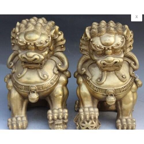 923+++14" Chinese Bronze Foo Fu Dog Guardion Door Gate Lion Leo Kid Ball Statue Pair