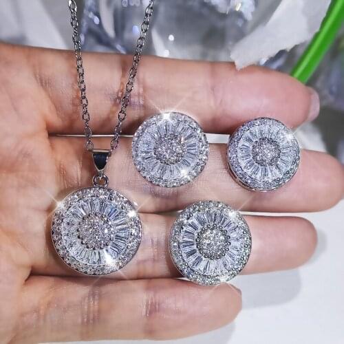Big Bling Ziron Round Silver Color Jewelry Set Long Chain Necklace Adjustable Ring Stud Earrings for Women Fashion Jewelry