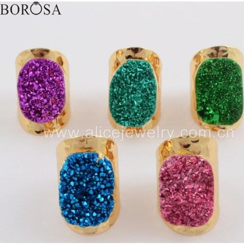 BOROSA 5PCS Gold Plated Natural Agates Titanium Rainbow Druzy Rings Mix Colors Electroplated Drusy Rings Boho Gilrs Gifts G1737
