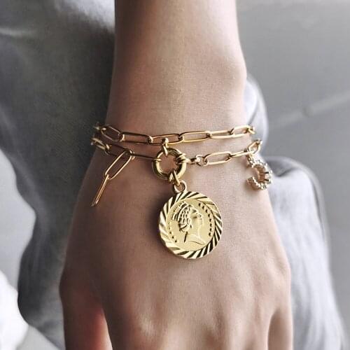 Double Layered Gold Color Paperclip Chain Bracelet for Women Girls CZ Moon Round Elizabeth Queen Charms Jewelry Gift DDB308