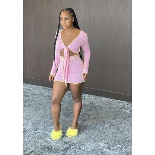 2 Pcs Lady 's Contrast Color Splicing Sexy Pleated V-neck Long Sleeve Bow Lace Slim T-shirt Slinky Short Package Hip Skirt Set