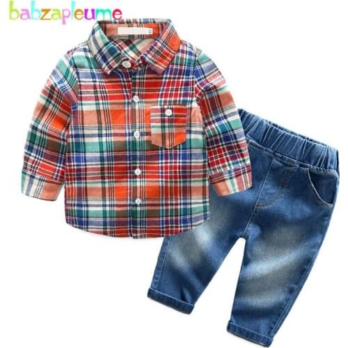 2Piece/3-24Months/Spring Autumn Infant Boys Suits Korean Fashion Kids Clothes Plaid T-shirt+Jeans Newborn Clothing Sets BC1387