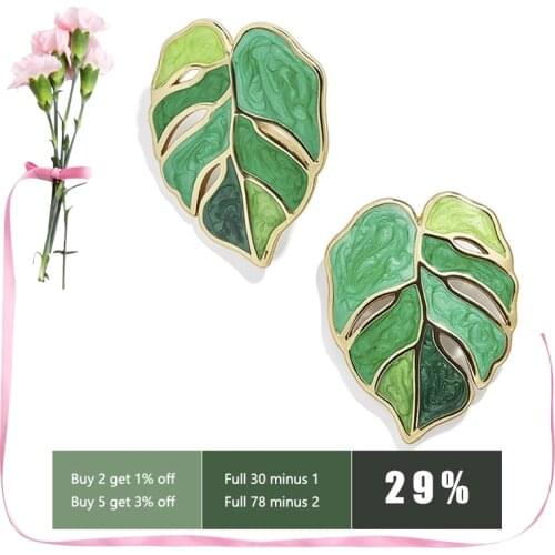 Fashion Flower Leafs Earrings Female Enamel Green Plant Statement Drop Earrings