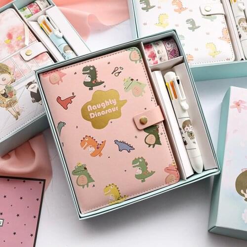 Creative Cartoon Notebook Set Leather Journal Stationery Kawaii Diary Book And Washi Tape Pen Exquisite Gift Box School Supplies