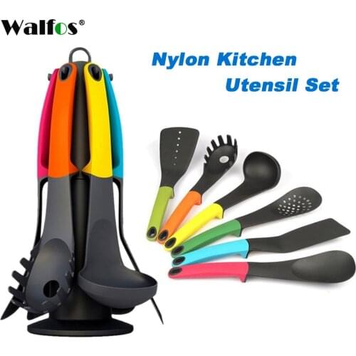 WALFOS 7 Pcs Utensil Set-Cooking Utensil Set NonStick Nylon Kitchen Utensil Set Cooking Spoon Kitchen Turner Spatula Soup Ladle