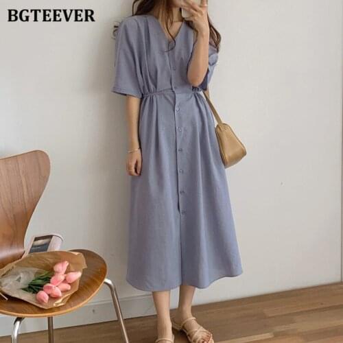 BGTEEVER Casual Single-breasted Women Mid-length Dress V-neck Short Sleeve Lace-up Loose Female Dress 2021 Summer Solid Vestidos