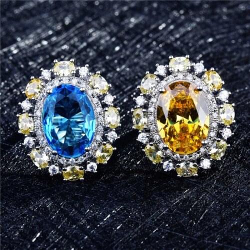 Luxury Yellow Crystal High Carbon Open Ring Women Jewelry Gift Charming Oval-shaped Sea Blue Rhinestone Female Finger Ring Bijou