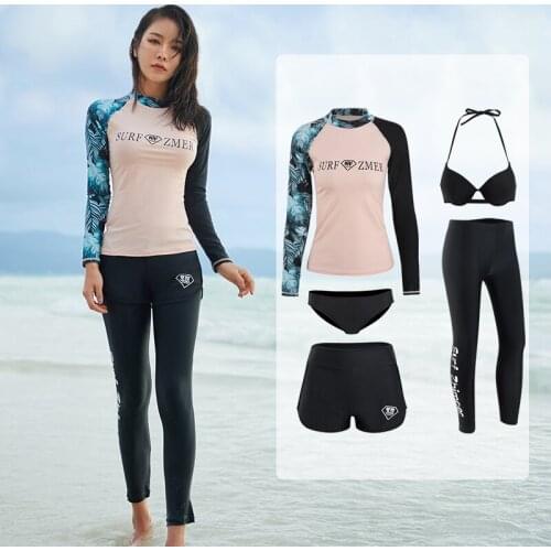 Long Sleeve Rash Guard Women Print 5 Pieces Swimsuit Zipper Swimwear Bathing Suits Surfing Pad Long Pant Couples Men 3 Pieces