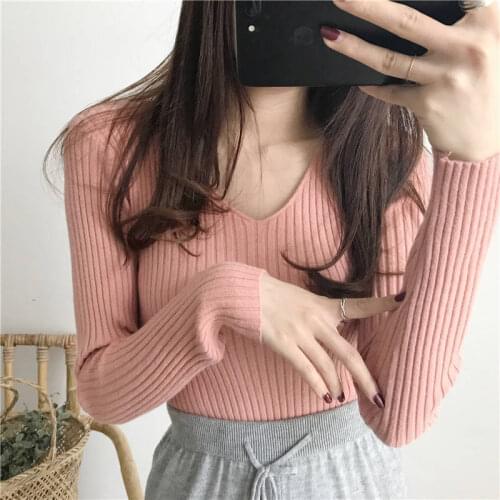 Woman Sweaters Chandails Autumn Winter Sweater Womens Slim V-neck Core-Spun Yarn Pullover Sweater