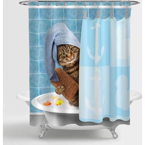 Funny Cat Bathroom Shower Curtain, Cartoon Pet Kitten Wearing Towel Cap with Rubby Duck Toy Behind