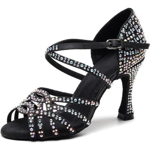 Salsa Jazz Women Latin Dancing Shoes Satin Social Professional Line Women Heels Rhinestone Ballroom Outdoor Dance Black