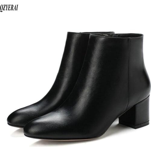 2019 New Thick High Heels Women Boots Square Toe Zip Footwear Genuine Leather Female Ankle Boot Short Plush Shoes Women