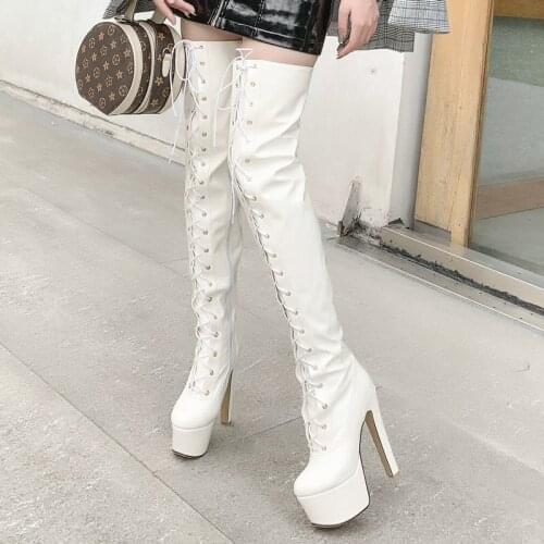 Women Patent Leather Martin Boots Fashion Zipper Over The Knee Boots 15CM Super High Heel Sexy Boots Woman Winter Shoes White