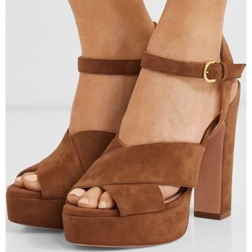 Moraima Snc Brown Suede High Heel Sandals Peep Toe Platform Thick Heels Woman Shoes Ankle Strap Gladiator Sandal Summer Heels