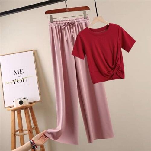 Suit Harajuku Female 2021 Summer Girl Student Short-Sleeved Solid Color T-Thirt + Wide-Leg Pants Suit Women Two-Piece Set L707