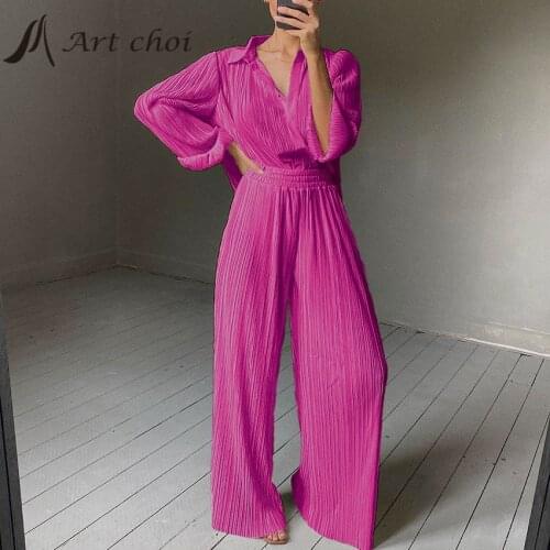 Spring Summer Two Piece Set Tracksuit Casual Outfit Suits Women Beige Shirt Long Blouse Tops Pleated Wide Leg Pants 2 Piece Sets