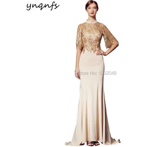 YNQNFS RE2 Chinese Style High Neck Lace Flare Sleeves Mermaid Wedding Guest Dress Women Elegant Bridesmaid Formal Dress 2019