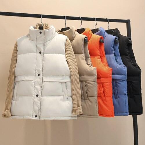 Winter Vest Women Warm Padded Waistcoat Stand Collar Down Jacket Sleeveless Solid Cropped Coat Vest Pockets Casual Chaleco Mujer