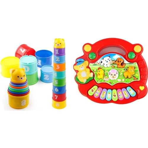 1 Pcs Animal Farm Piano Music Developmental Toys Baby Musical Instrument & 1 Set Letters Foldind Stack Cup Tower