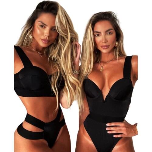 2021 Womens Summer Sexy 2Pcs Swimwear Bikini V-neck Crop Tank Tops Hollowed Side High Waist Triangle Bottoms for Beach