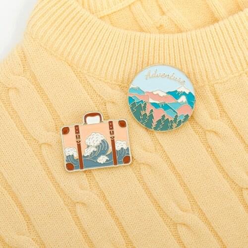 Travel handbag Enamel Pin mountains and ocean waves Brooch Bag Clothes Lapel Pin Sasha Away Badge Cartoon Jewelry Gift For Kids