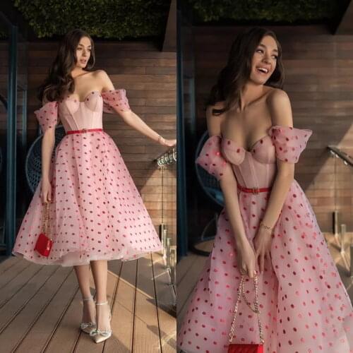 Elegant Pink Cocktail Dresses Off the Shoulder Tulle Tea Length Lace A Line Prom Dress Custom Made Formal Party Gowns