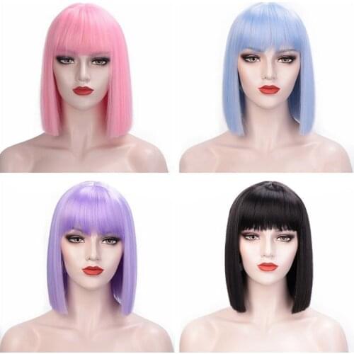 Short Bob Wig With Bangs for Women Synthetic Bob Wigs Black Pink Purple Blue Wig for Party Daily Use Cosply Shoulder Length