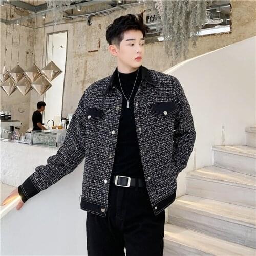 2020 autumn winter new retro fashion streetwear tweed jacket men Korean single-breasted short Loose Casual jacket Coat Outerwear