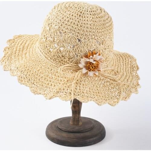 Summer Hollow Knitted Foldbale Bow Flower Decorated Wide Brim Paper Straw Hat Breathable Solid Color Beach Hat
