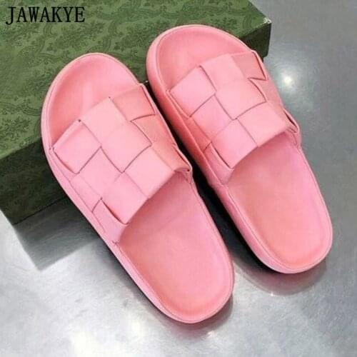 Pink Woven Leather Women Slippers New Rubber Thick Sole Summer Beach Shoes Comfort Real Leather Flat Slippers Fashion Mules