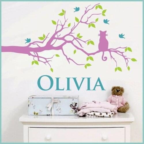 105X70cm Kid Wall Stickers Tree Cat Branch Nursery Custom Personalised Name Wall Decal Sticker Bedroom Stickers Muraux D454