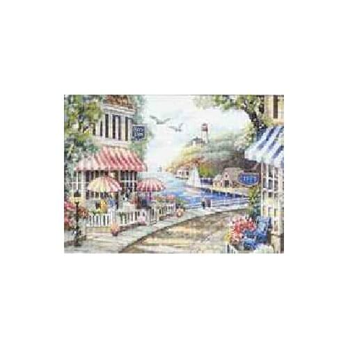 Newest 14ct Counted Cross Stitch kits, Cafe By The Sea Landscape European Needlework Set for Embroidery Wall Decoration 46*36 cm