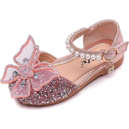 2021 New Childrens Princes Shoes Little Girls Sequin Lace Bow Spring Summer Girls Leather Shoes for Party Wedding Shoes