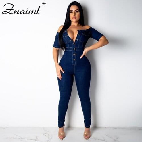 Newly Sexy Womens Jeans Jumpsuits Denim Overalls Slash Neck Half Sleeve Button Up Slim Skinny Pencil Blue Jumpsuit Romper 2020