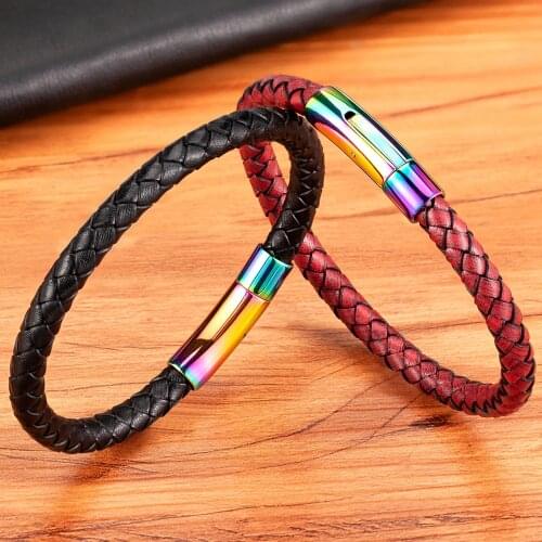 New Arrival Punk Colorful Clasp Bracelets for Men Genuine Leather Braided Simple Design Man Bangles Charm Jewelry Gift Wholesale