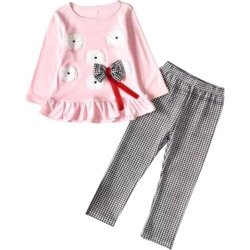 New Spring Girl Clothing Set Children Flower Bow Cute Suits 2PCS Kids Long Sleeve Top T Shirt +Plaid Pants