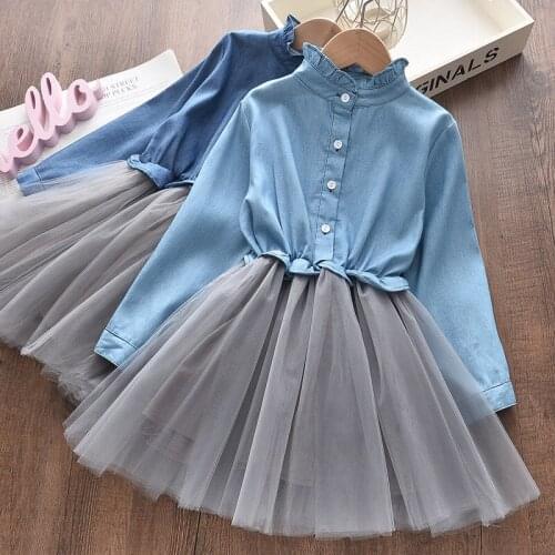 Girls Dresses Fashion Baby Kids Girl Long Sleeve A-Line Denim Splcing Princess Dress Spring Fall Children Casual Dresses