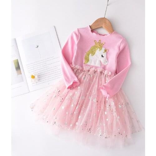 Girls Casual Dresses 2021 New Autumn Girl Sequined Mesh Princess Vestidos Cute Children Cartoon Fancy Clothing 3-7T