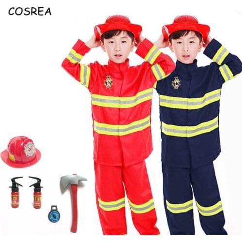 Fireman Sam Suit for Boy Kids Cosplay Costumes Toy Firefighter Funny Hat Axe Accessories Firefighter Helmet Party Uniforms Set