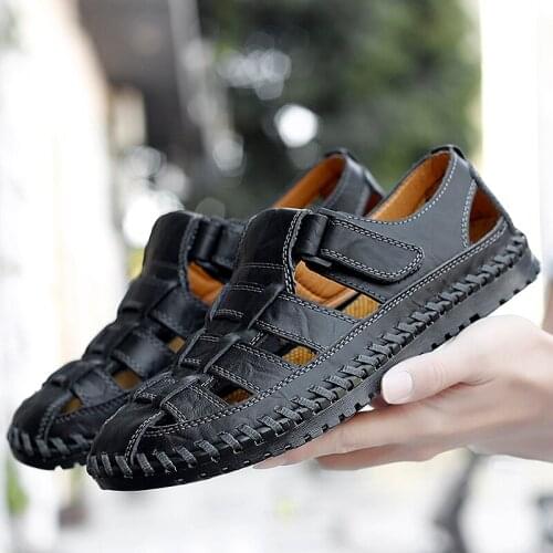 Mens Split Leather Sandals Slip-on Beach Sandals Outdoor Breathable Casual Shoe Flip Flops Large Size Non-Slip Flat Shoes